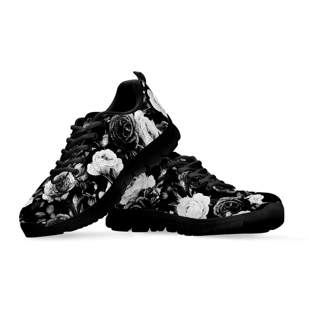 Black White Rose Floral Pattern Print Black Running Shoes