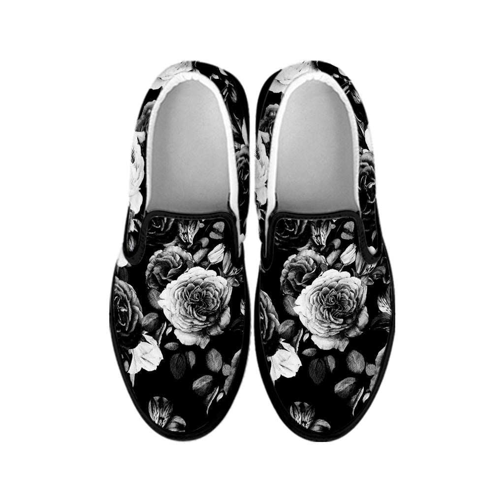 Black White Rose Floral Pattern Print Black Slip On Sneakers