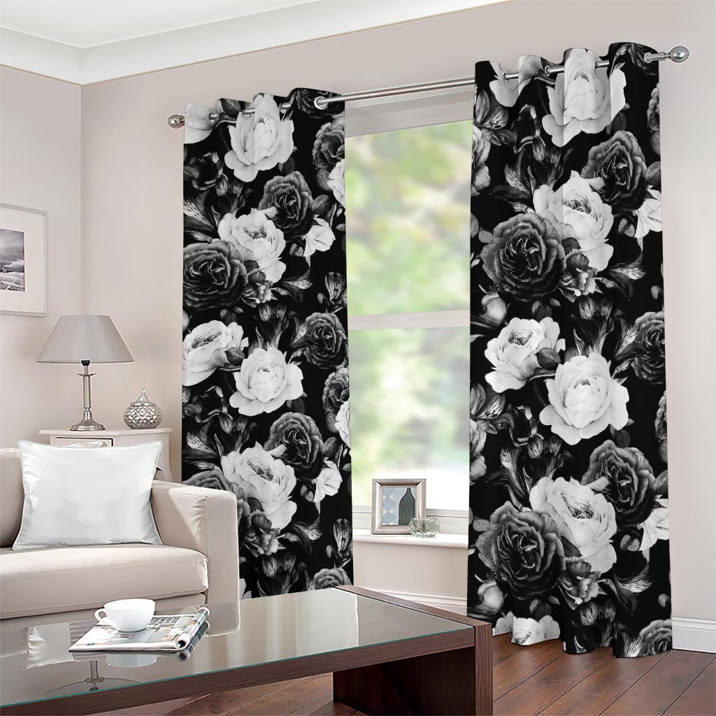 Black White Rose Floral Pattern Print Blackout Grommet Curtains