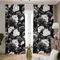 Black White Rose Floral Pattern Print Dimout Pencil Pleat Curtains