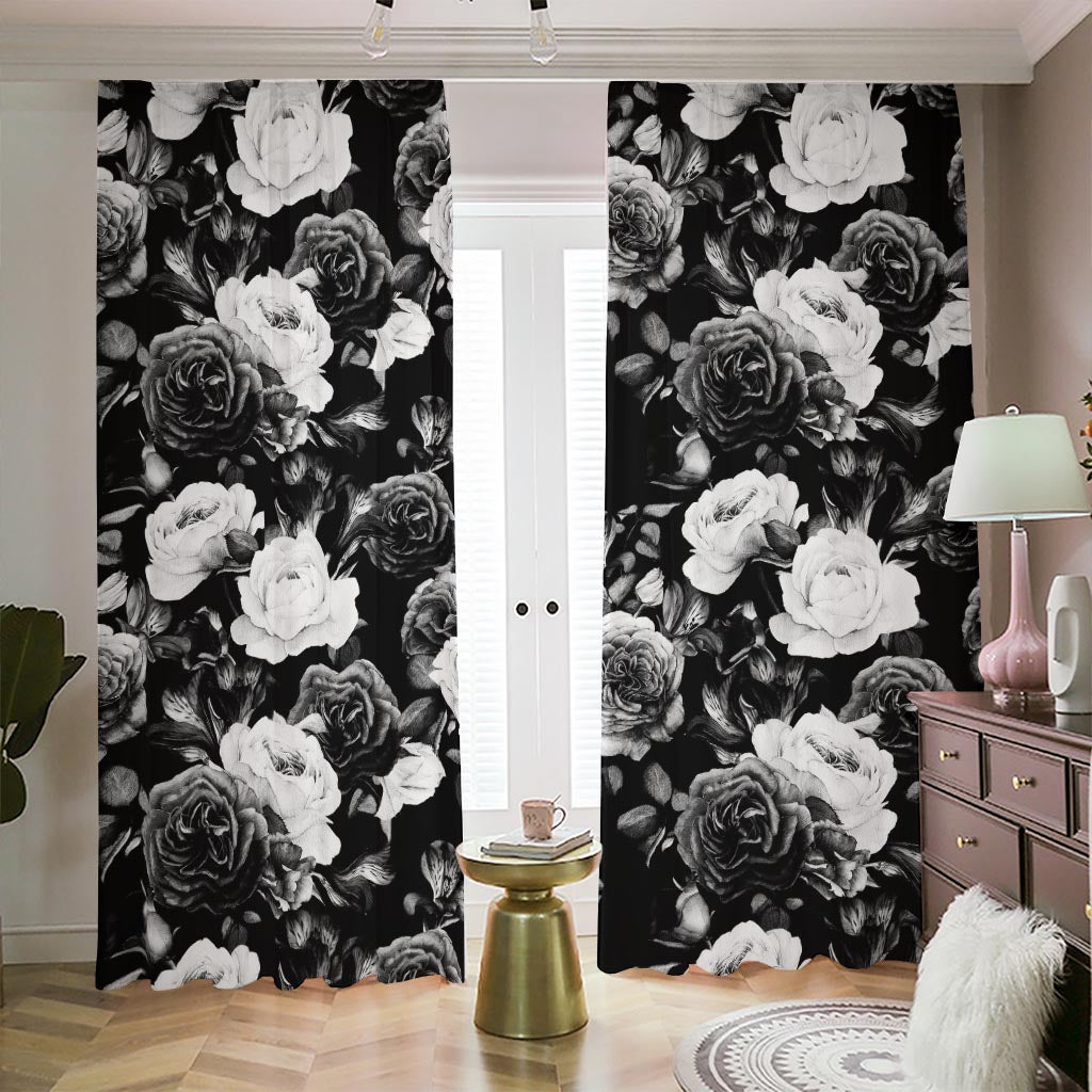 Black White Rose Floral Pattern Print Blackout Pencil Pleat Curtains