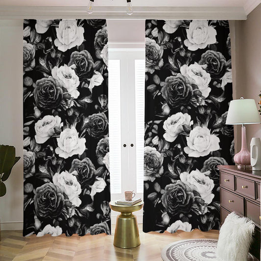 Black White Rose Floral Pattern Print Blackout Pencil Pleat Curtains