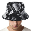 Black White Rose Floral Pattern Print Bucket Hat