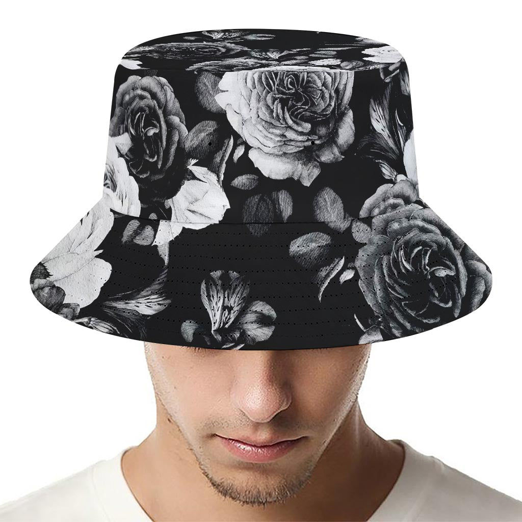 Black White Rose Floral Pattern Print Bucket Hat