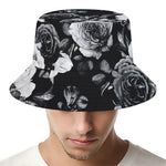 Black White Rose Floral Pattern Print Bucket Hat