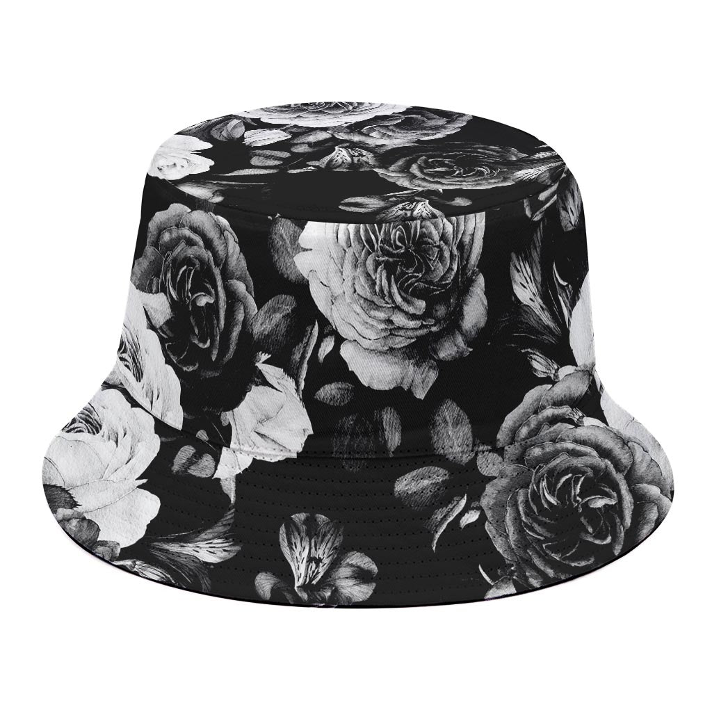 Black White Rose Floral Pattern Print Bucket Hat