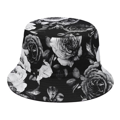 Black White Rose Floral Pattern Print Bucket Hat