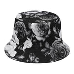 Black White Rose Floral Pattern Print Bucket Hat