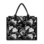 Black White Rose Floral Pattern Print Canvas Tote Bag
