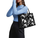 Black White Rose Floral Pattern Print Canvas Tote Bag