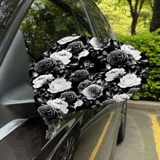 Black White Rose Floral Pattern Print Car Side Mirror Covers