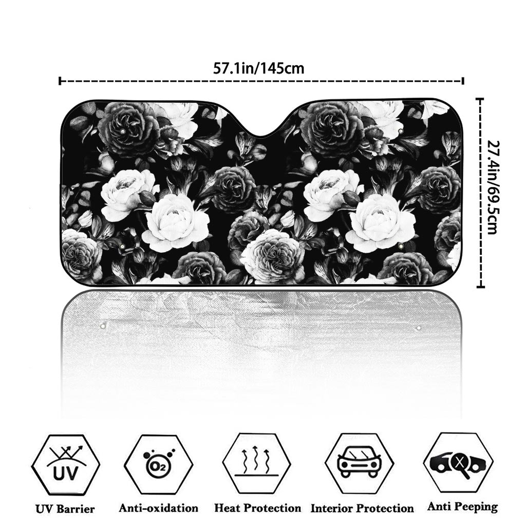 Black White Rose Floral Pattern Print Car Windshield Sun Shade