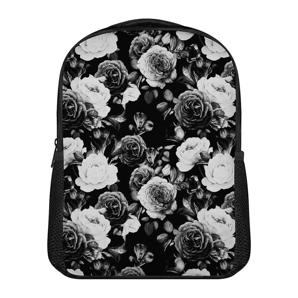 Black White Rose Floral Pattern Print Casual Backpack