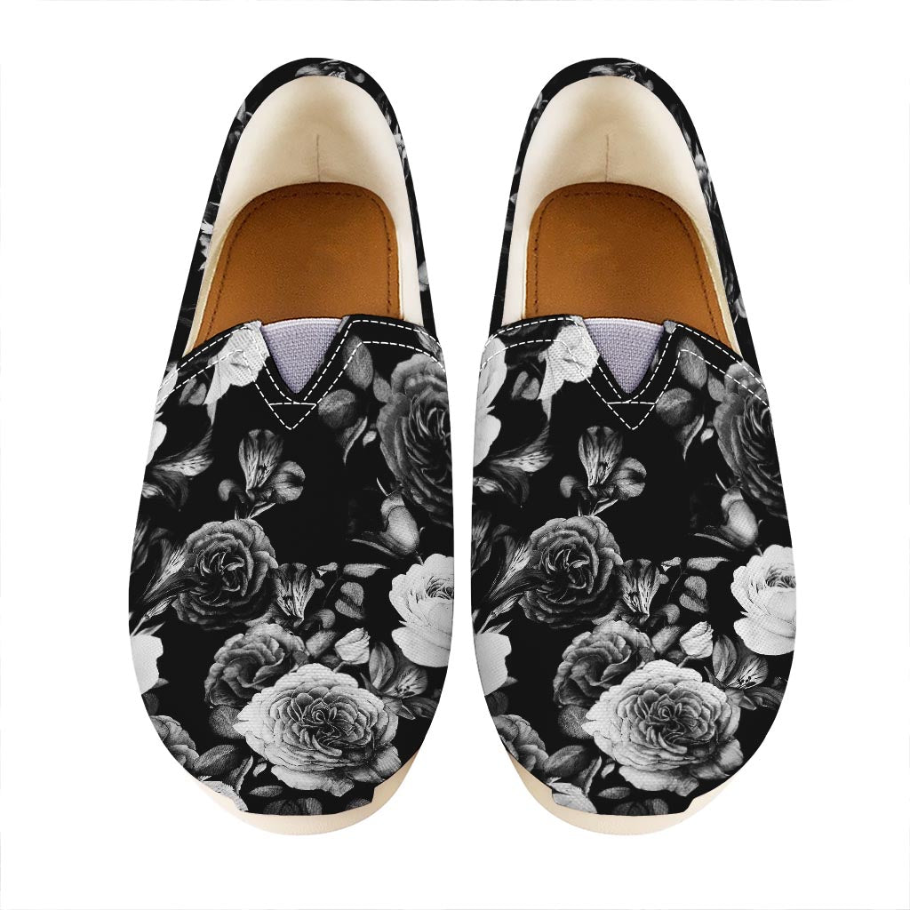 Black White Rose Floral Pattern Print Casual Shoes