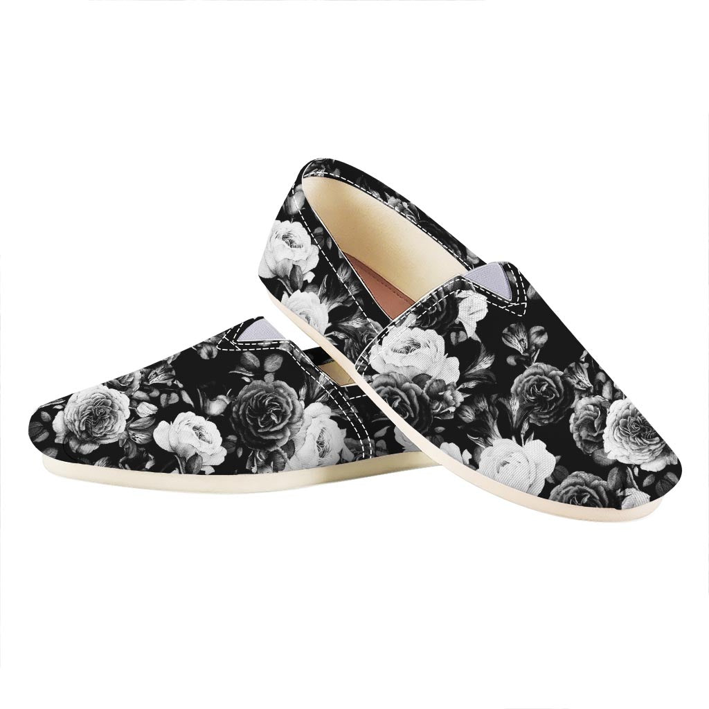 Black White Rose Floral Pattern Print Casual Shoes