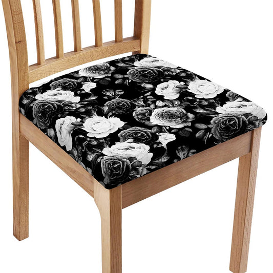 Black White Rose Floral Pattern Print Chair Cushion Cover