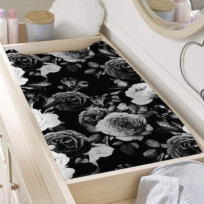 Black White Rose Floral Pattern Print Changing Pad Cover