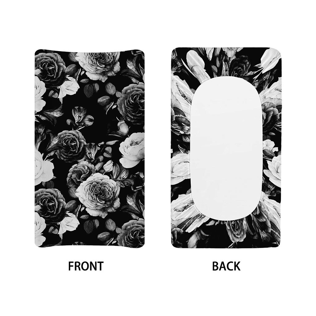 Black White Rose Floral Pattern Print Changing Pad Cover