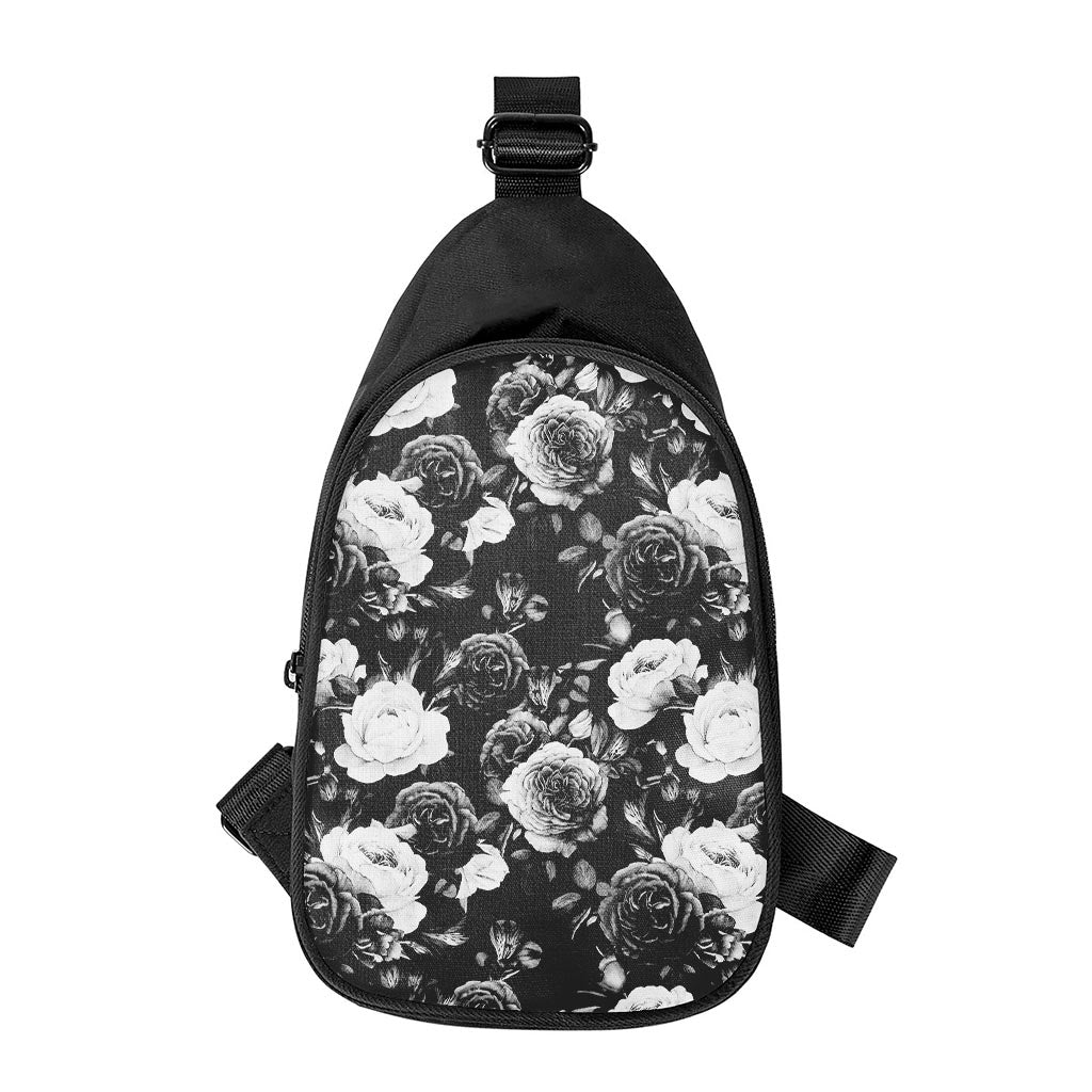 Black White Rose Floral Pattern Print Chest Bag