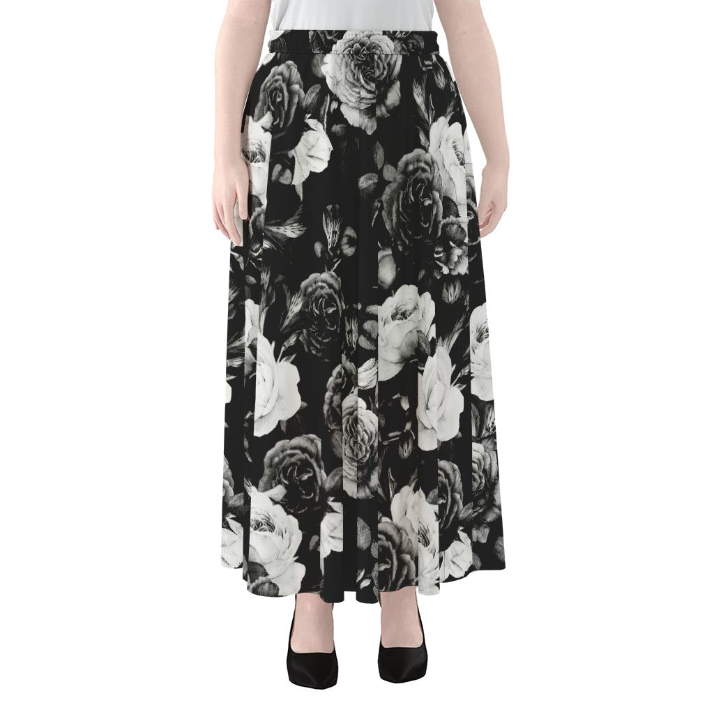 Black White Rose Floral Pattern Print Chiffon Maxi Skirt