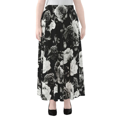 Black White Rose Floral Pattern Print Chiffon Maxi Skirt