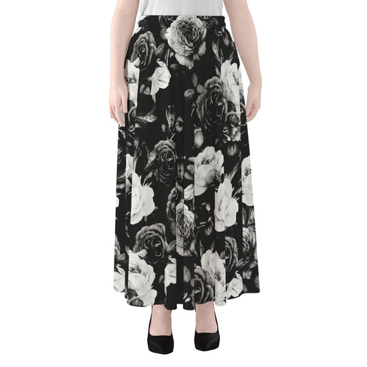 Black White Rose Floral Pattern Print Chiffon Maxi Skirt