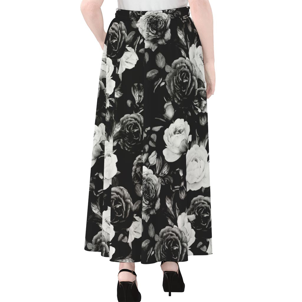 Black White Rose Floral Pattern Print Chiffon Maxi Skirt