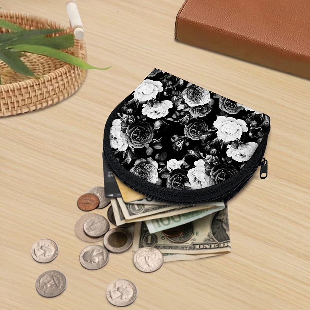 Black White Rose Floral Pattern Print Coin Purse
