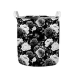 Black White Rose Floral Pattern Print Collapsible Laundry Basket