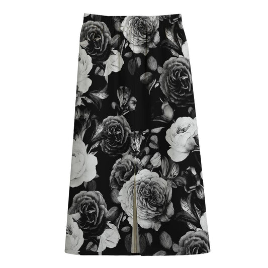 Black White Rose Floral Pattern Print Cotton Front Slit Maxi Skirt