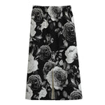 Black White Rose Floral Pattern Print Cotton Front Slit Maxi Skirt