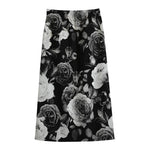 Black White Rose Floral Pattern Print Cotton Front Slit Maxi Skirt