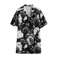 Black White Rose Floral Pattern Print Cotton Hawaiian Shirt