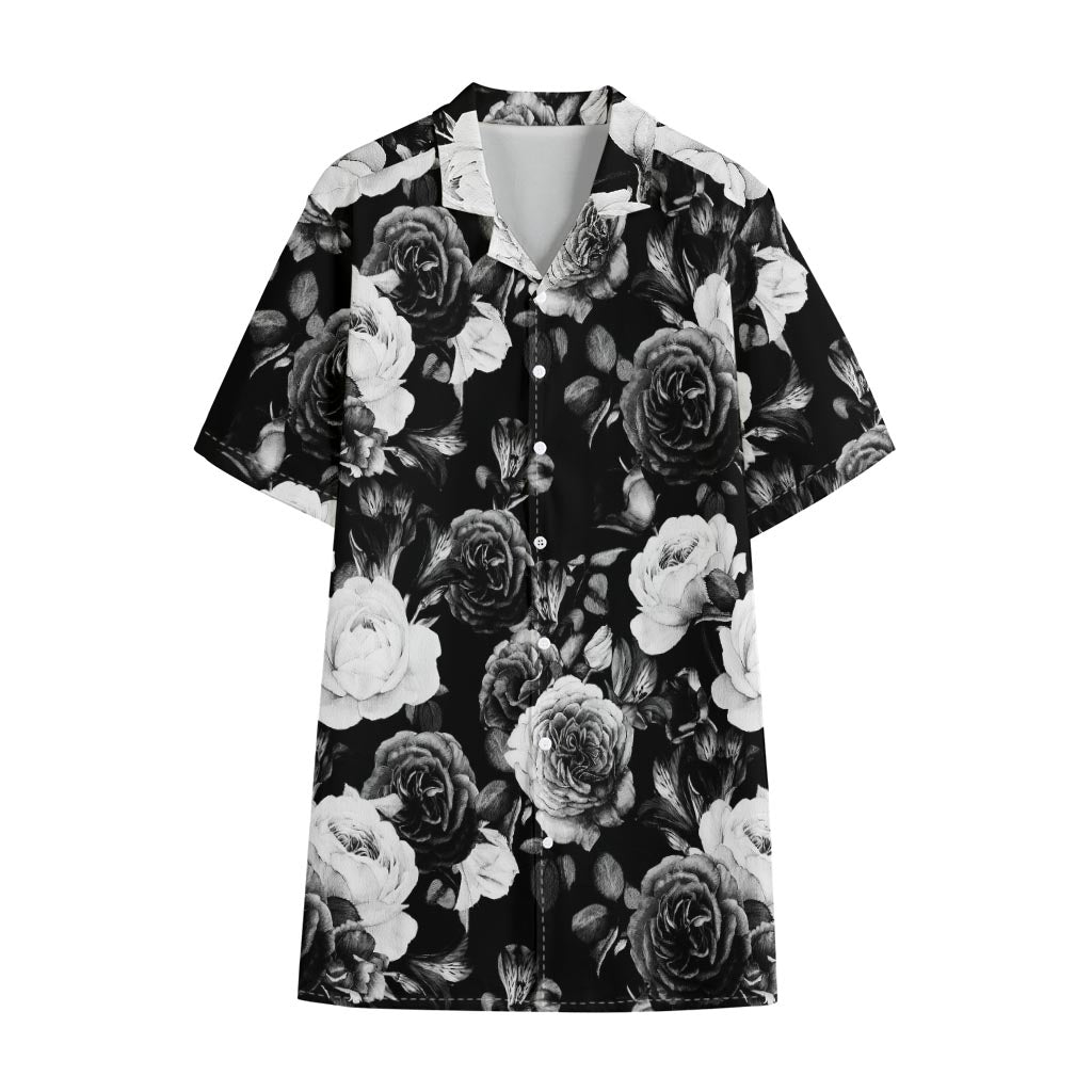 Black White Rose Floral Pattern Print Cotton Hawaiian Shirt