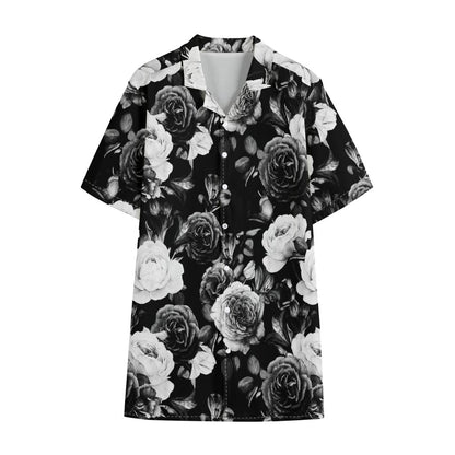Black White Rose Floral Pattern Print Cotton Hawaiian Shirt