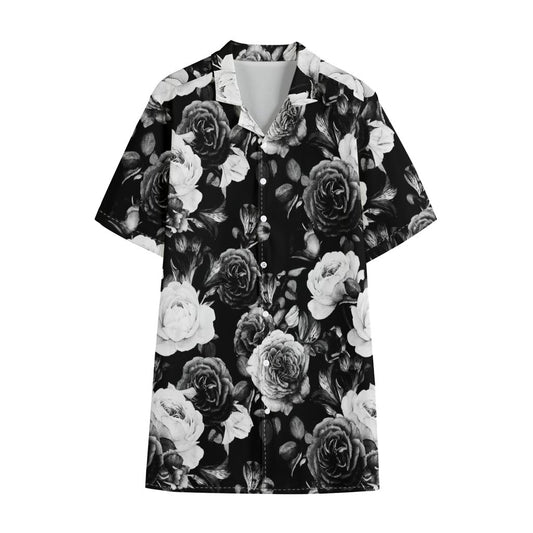 Black White Rose Floral Pattern Print Cotton Hawaiian Shirt