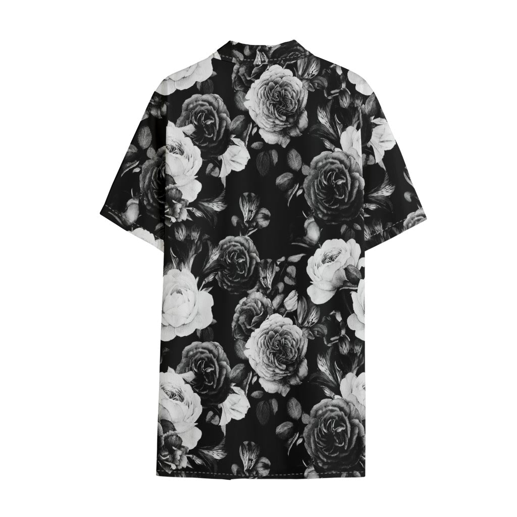 Black White Rose Floral Pattern Print Cotton Hawaiian Shirt