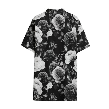Black White Rose Floral Pattern Print Cotton Hawaiian Shirt