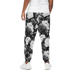 Black White Rose Floral Pattern Print Cotton Pants