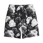 Black White Rose Floral Pattern Print Cotton Shorts