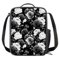 Black White Rose Floral Pattern Print Crossbody Lunch Bag