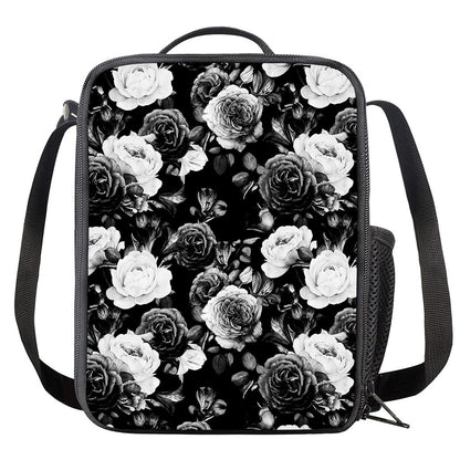 Black White Rose Floral Pattern Print Crossbody Lunch Bag