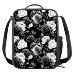 Black White Rose Floral Pattern Print Crossbody Lunch Bag