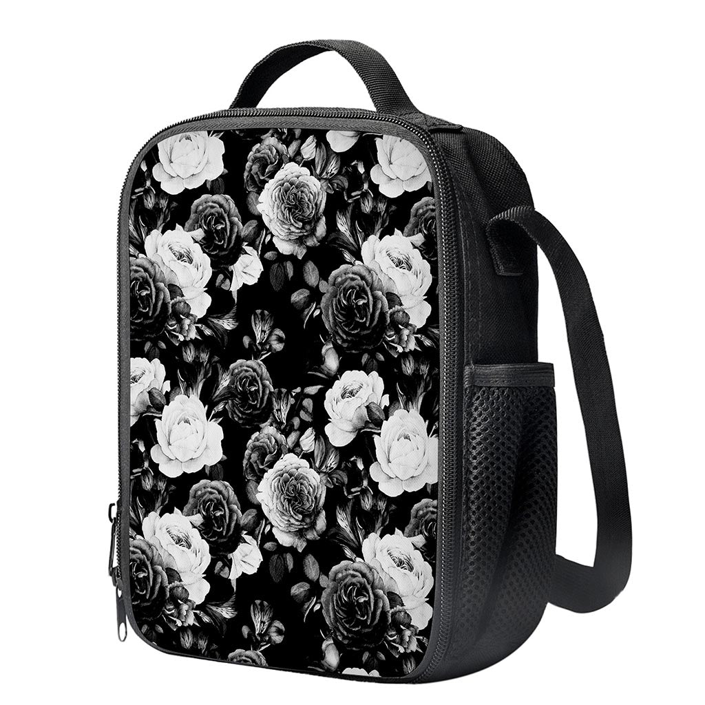 Black White Rose Floral Pattern Print Crossbody Lunch Bag