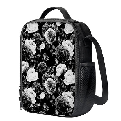 Black White Rose Floral Pattern Print Crossbody Lunch Bag