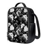 Black White Rose Floral Pattern Print Crossbody Lunch Bag