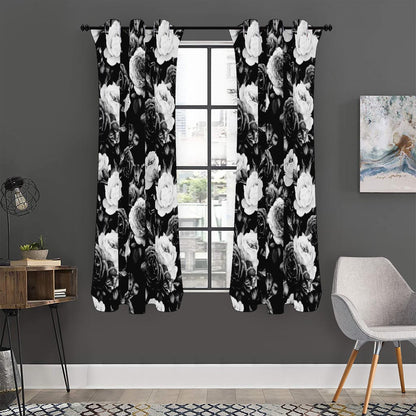 Black White Rose Floral Pattern Print Curtain