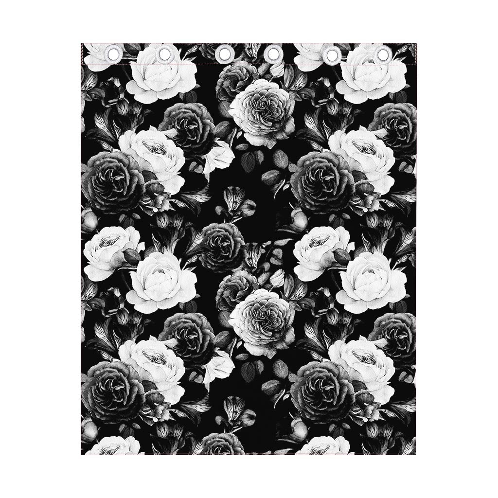 Black White Rose Floral Pattern Print Curtain
