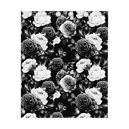 Black White Rose Floral Pattern Print Curtain