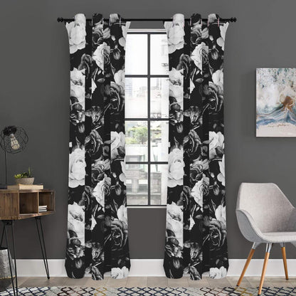 Black White Rose Floral Pattern Print Curtain